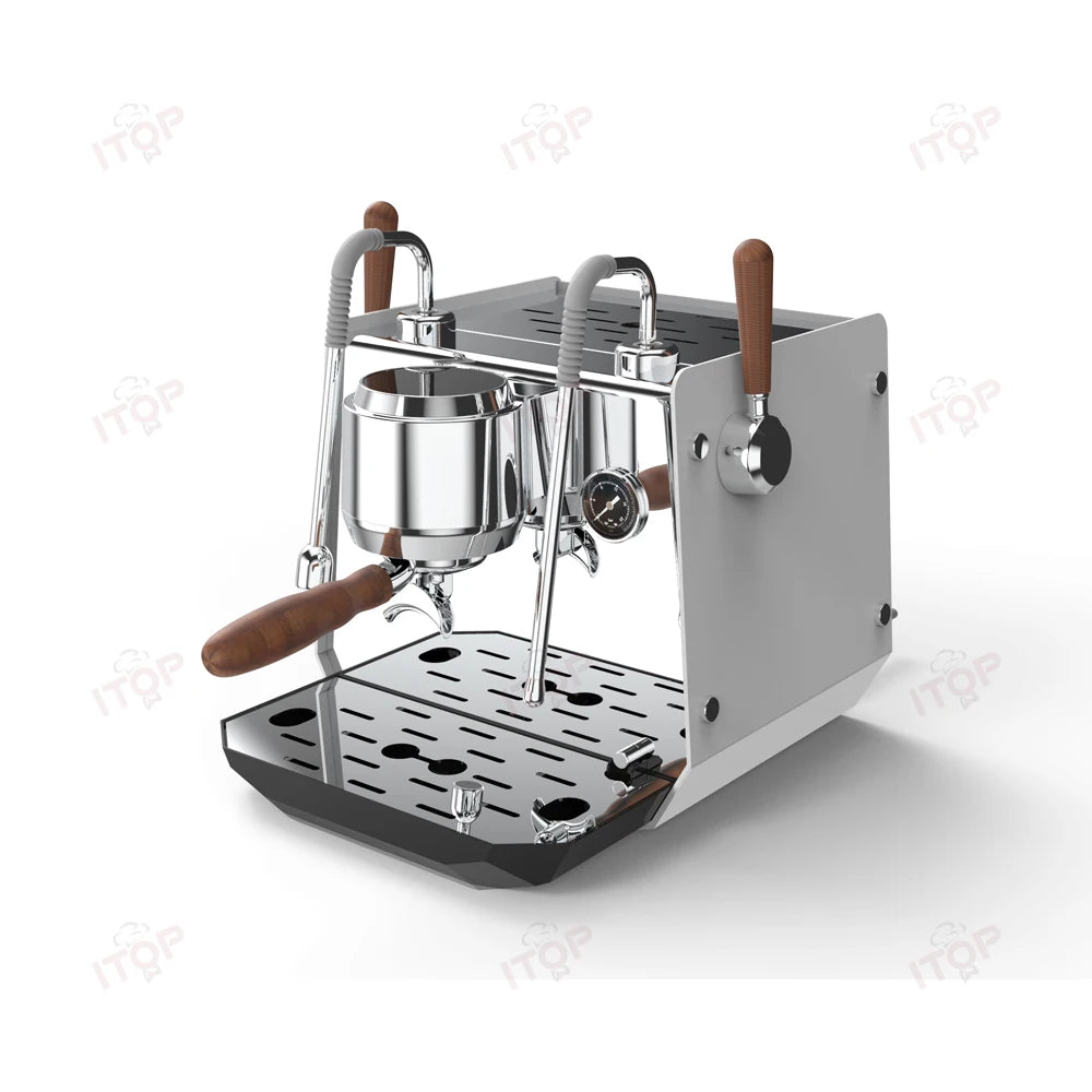 ITOP stainless steel manual espresso machine with wooden handle and steam wand, professional silver coffee maker.