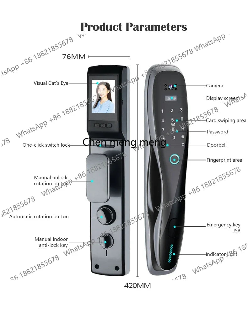 Wifi Outdoor Face Recognition Door Lock System Fingerprint Rf Id Card Keyless Smart Lock Camera Video Capture Rechargeable
