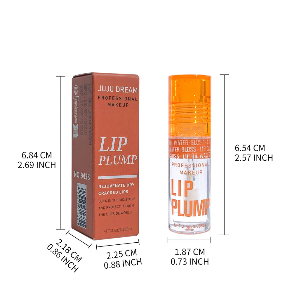 3-piece Juju Dream lip plump oil set: moisturizing clear glossy balm in orange packaging with dimension labels.