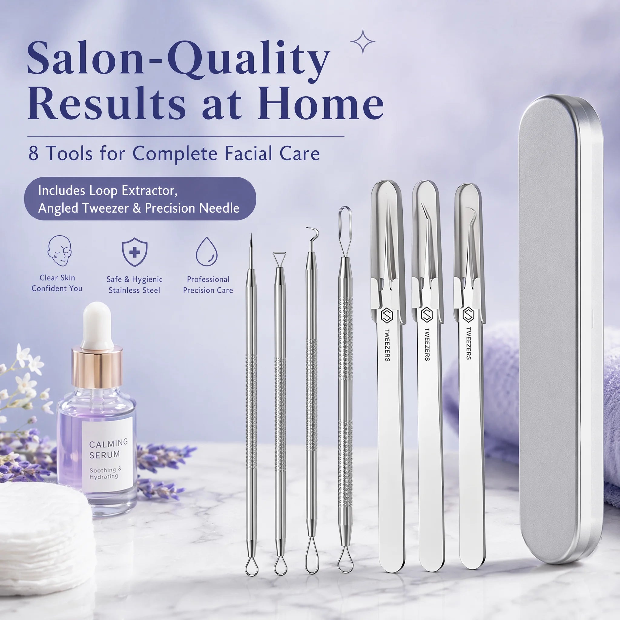 Stainless Steel Acne Needle Set of 8 Pieces, High-Density Blackhead Tweezers, Professional Acne Extraction Needles, Tool for Removing Closed Comedones, Portable Storage Set for Home and Beauty Salon Use