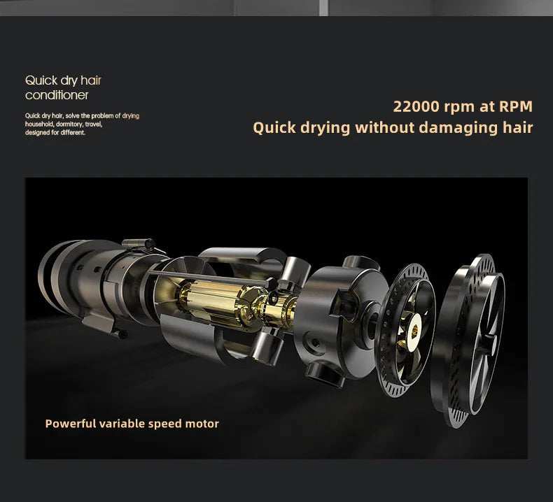 Black 1300W high-power negative ion hair dryer internal motor components, showing fast-drying variable speed technology.