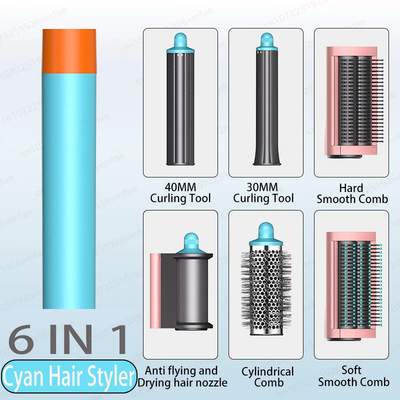 6-in-1 cyan ionic hair styler set with curling barrels, smoothing combs, and blow dryer nozzle for fast drying.