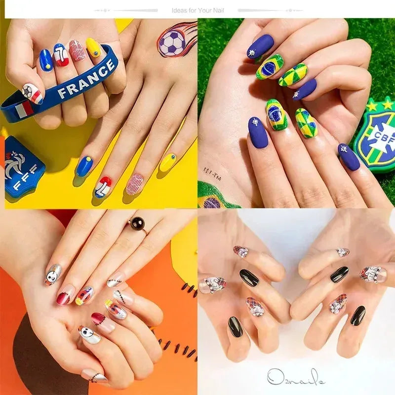 Smart mobile nail printer showing complex 3D nail art designs like flags and patterns for salon or home DIY use.
