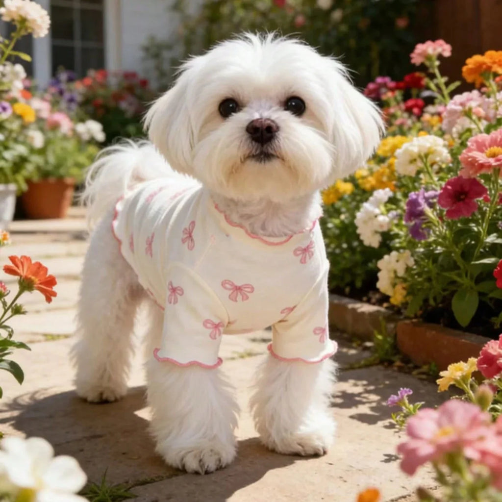 White dog wearing a breathable, stretchy knit pet shirt with pink bow tie print for comfortable, stylish pet fashion.