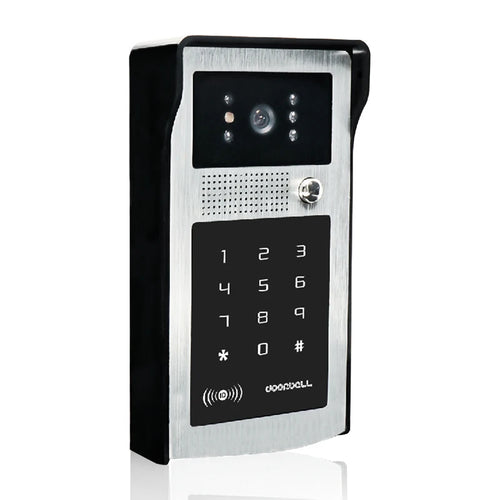 Wall-mount WiFi video doorbell intercom, front view with numeric keypad and camera