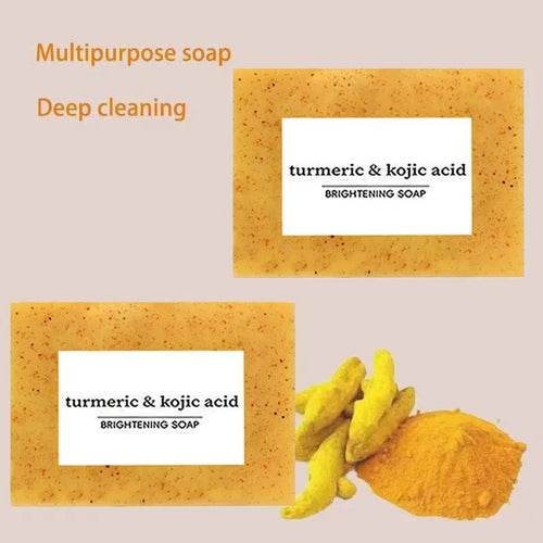 Anti-inflammatory turmeric and kojic acid brightening soap bar in yellow, for deep cleaning and skin health.