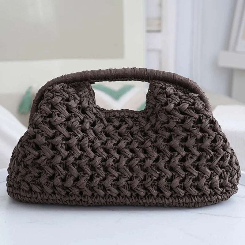 Women's Brand Fashion Clip Handbag, Bohemian Style Large Capacity Travel Woven Bag Popular Elegant Raffia Handmade Crossbody Bag