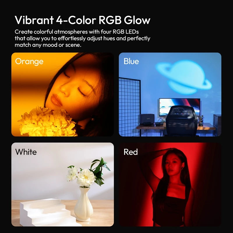 RGB LED projector lamp showing orange, blue planet, white, and red light effects to create colored room moods.