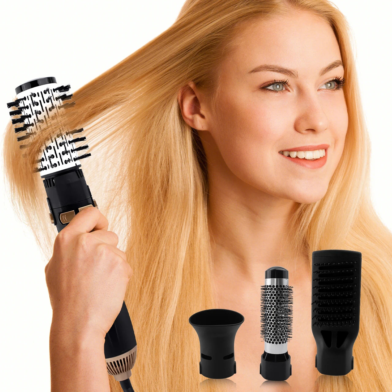 Hatteker 4-in-1 hot air brush styling tool with attachments, black and silver design, drying and volumizing blonde hair.