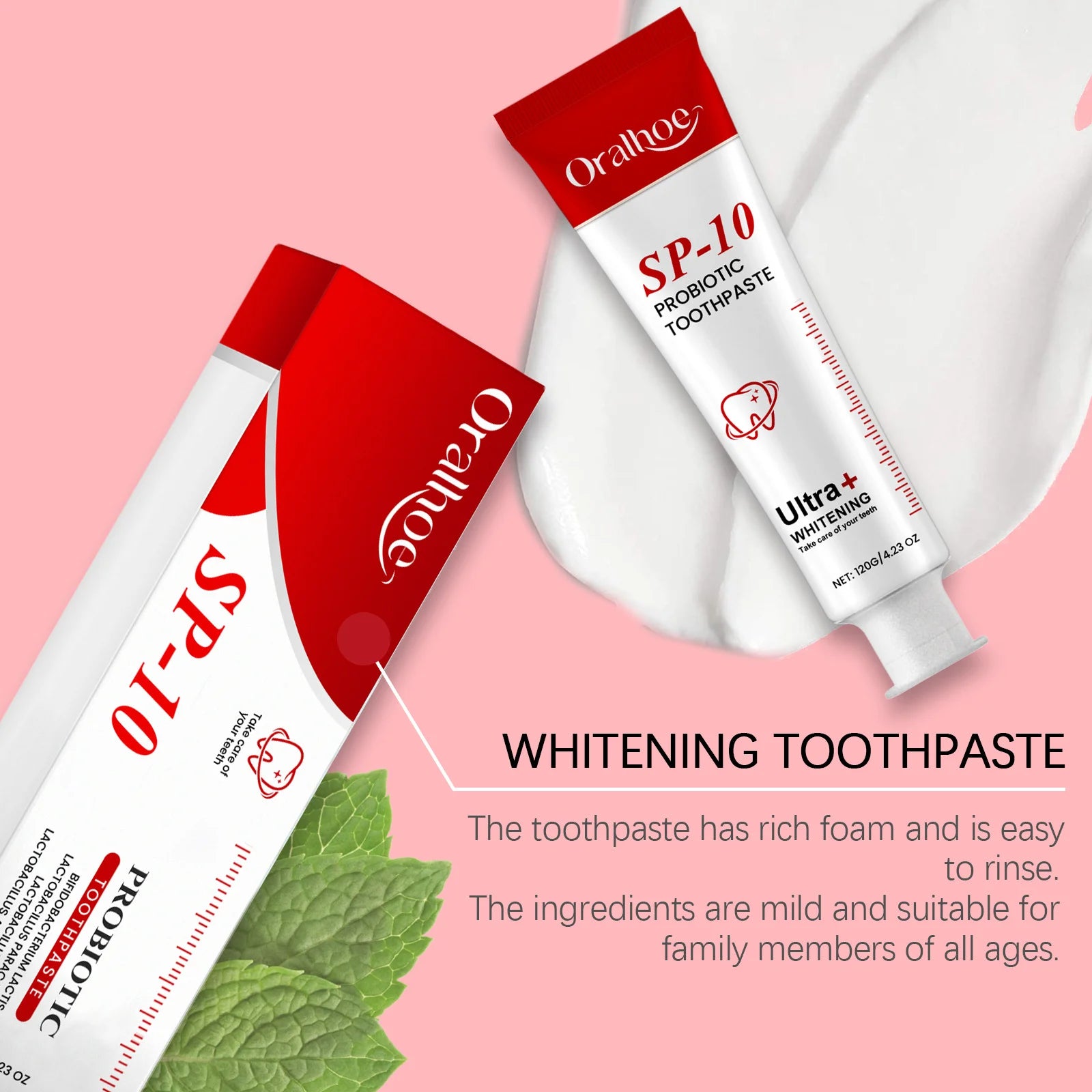 Tidesmit Sp10 probiotic toothpaste for teeth whitening, plaque removal, and gum protection.
