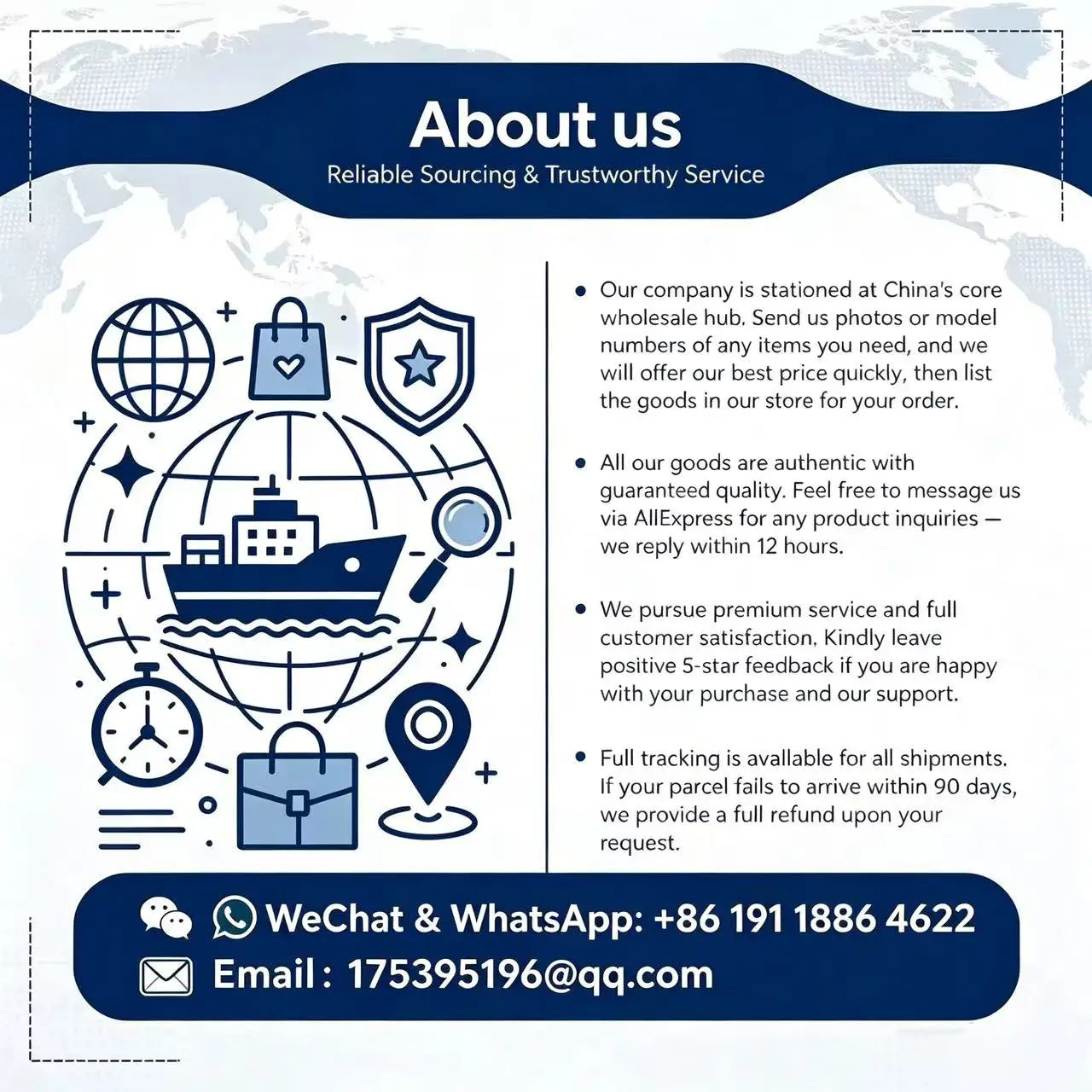 Blue service information graphic with icons and customer support contact details
