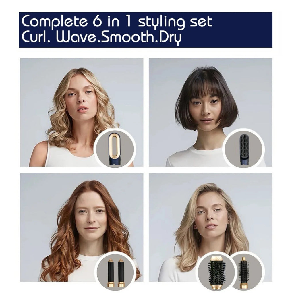 6-in-1 hair dryer multi-styler in blue and gold with styling brush and curling attachments for waves and smooth hair.