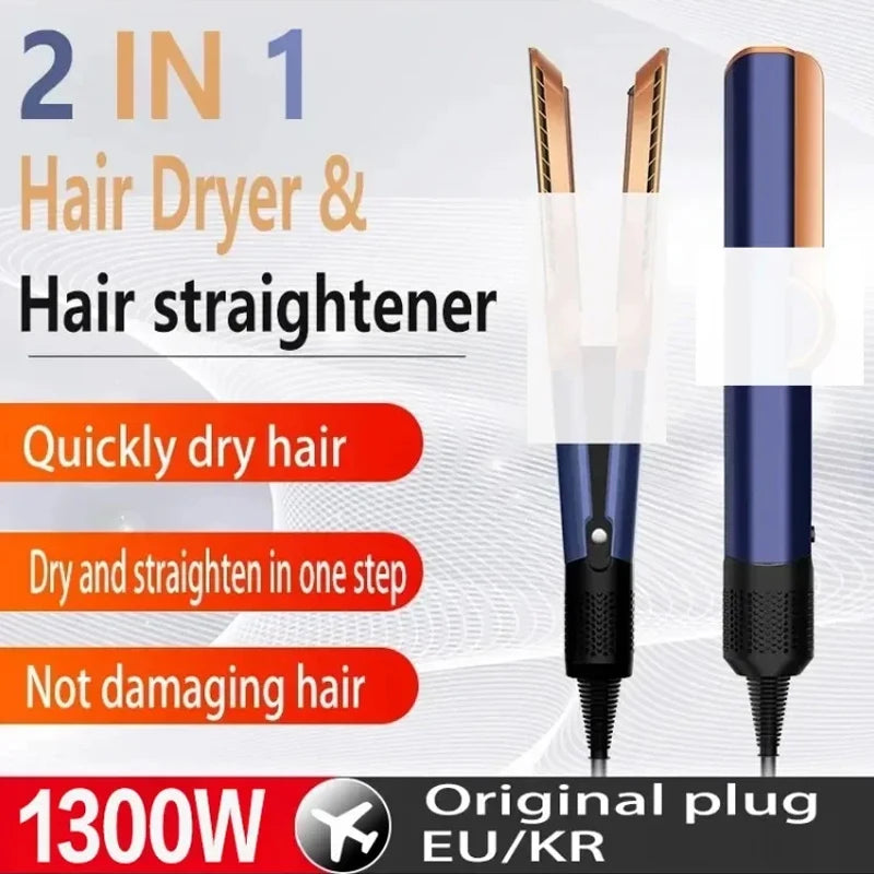 2-in-1 blue and gold negative ion hair dryer and straightener styling tool for wet or dry hair, 1300W with EU plug.