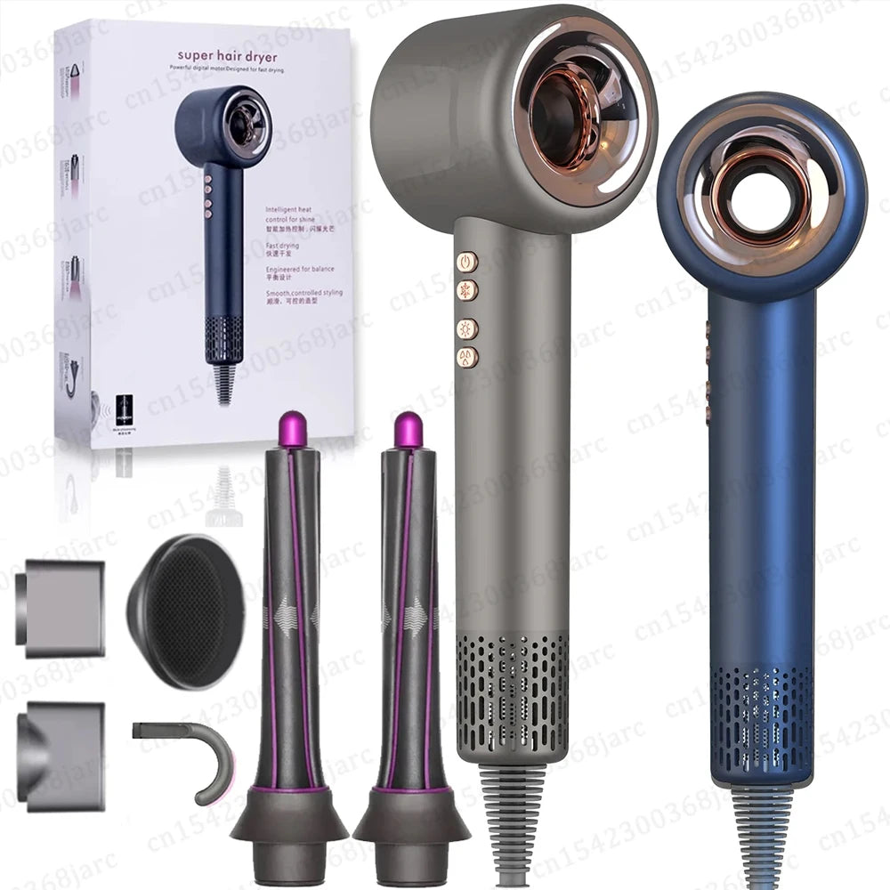 Grey and blue professional negative ion hair dryer set with attachments and box for salon-quality styling.