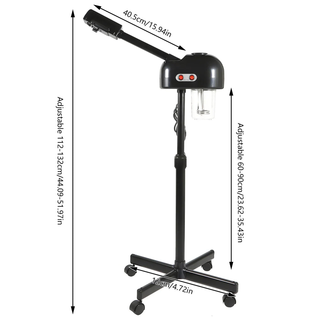 Black height-adjustable facial steamer for spa pore cleaning with 750ml tank and rolling stand on white background.