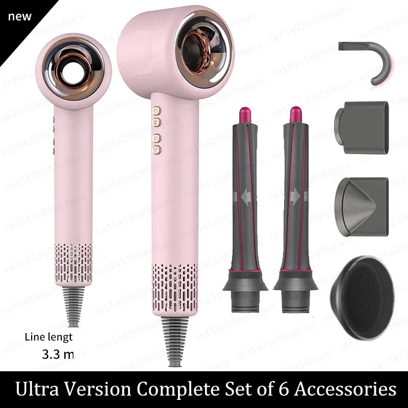 Pink leafless negative ion hair dryer with 6 styling attachments and 3.3m cord for professional hair care.