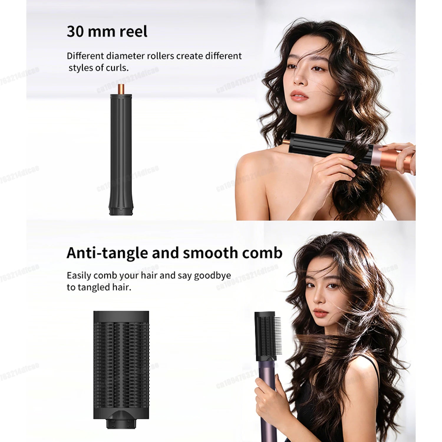 SenCiciMen auto curling iron and hot air brush with 30mm curling barrel and anti-tangle smoothing comb attachment.