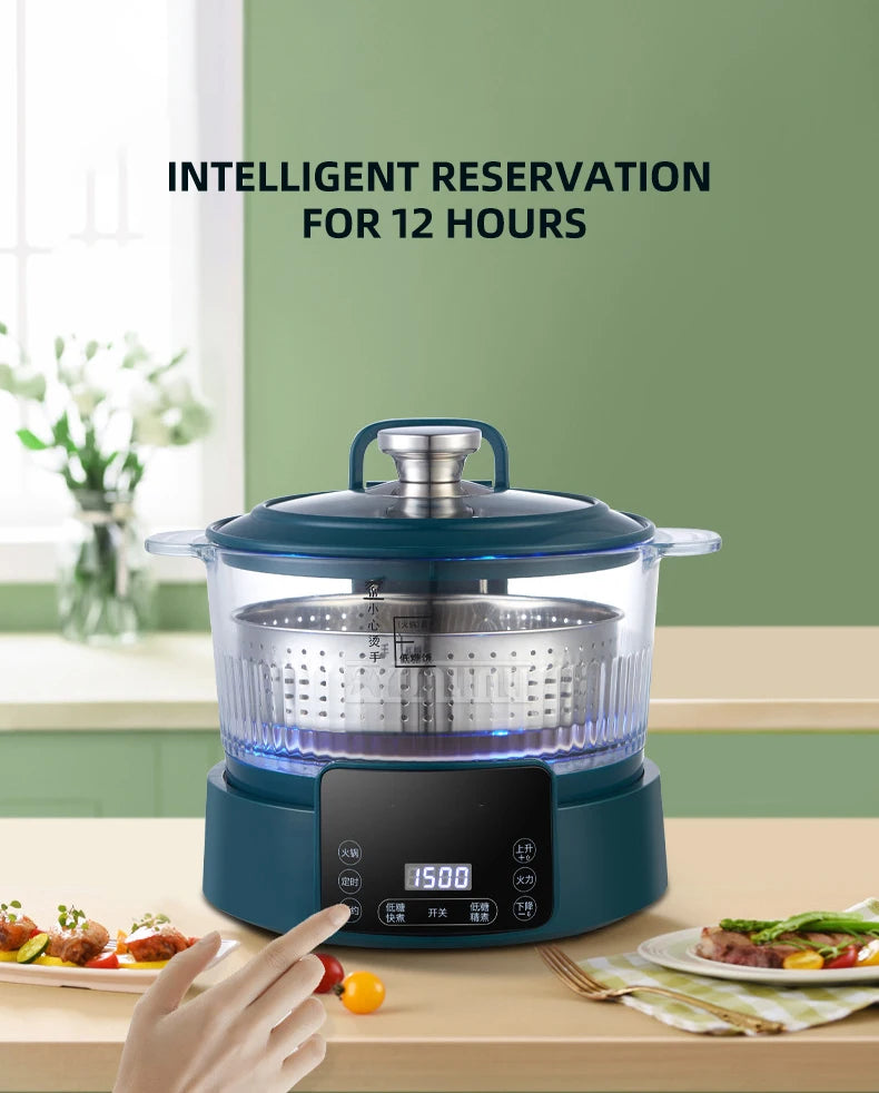 3L electric hot pot steamer with stainless inner basket and touch control display