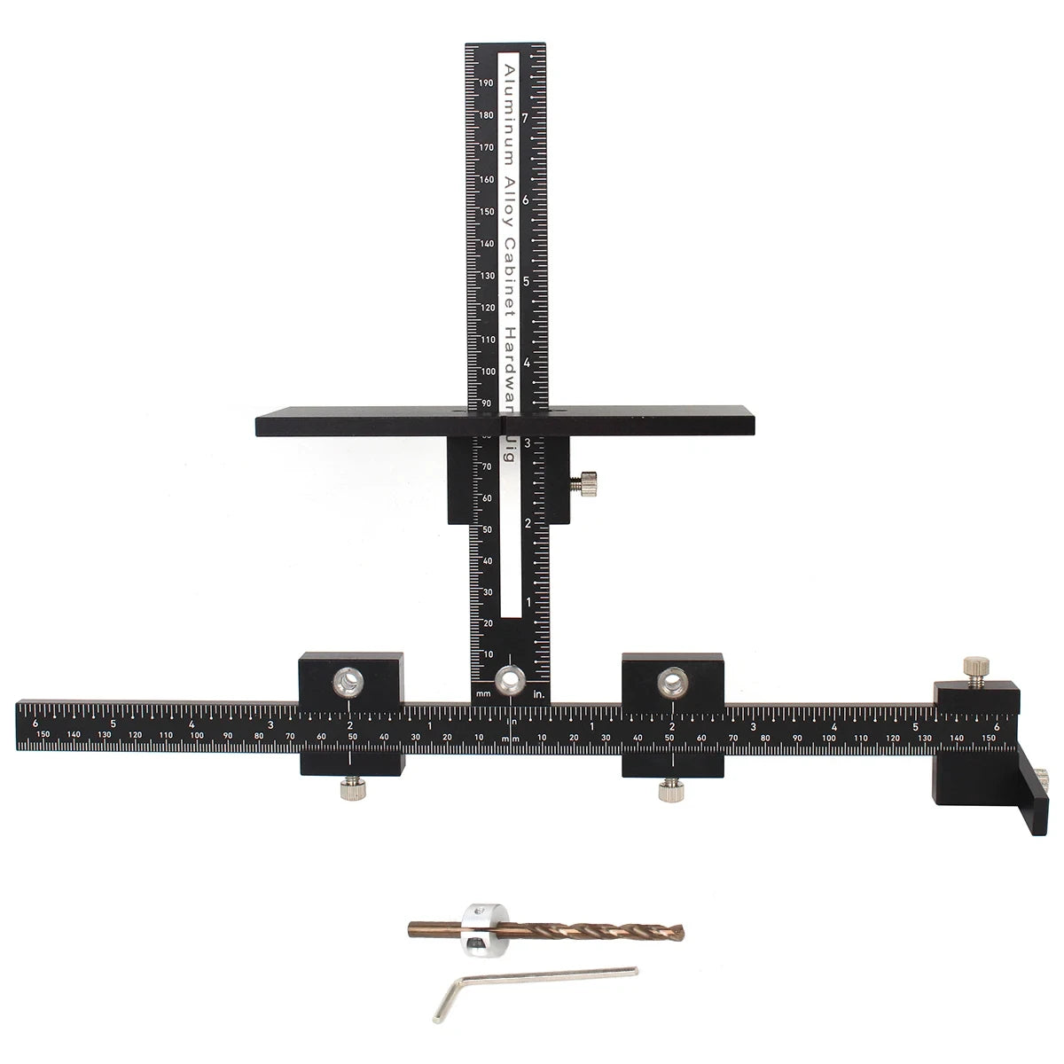 Cabinet hardware drilling jig with cross brace, long ruler bar, and mounting pins