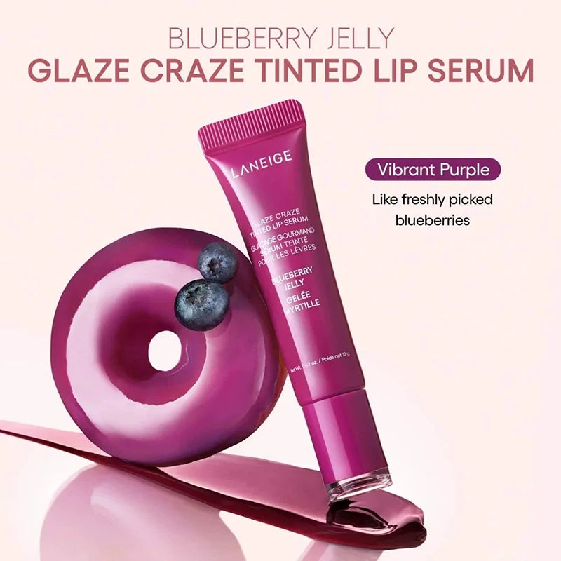 Laneige Blueberry Jelly Tinted Lip Serum in vibrant purple, featuring glossy hydrating texture and a glazed donut design.