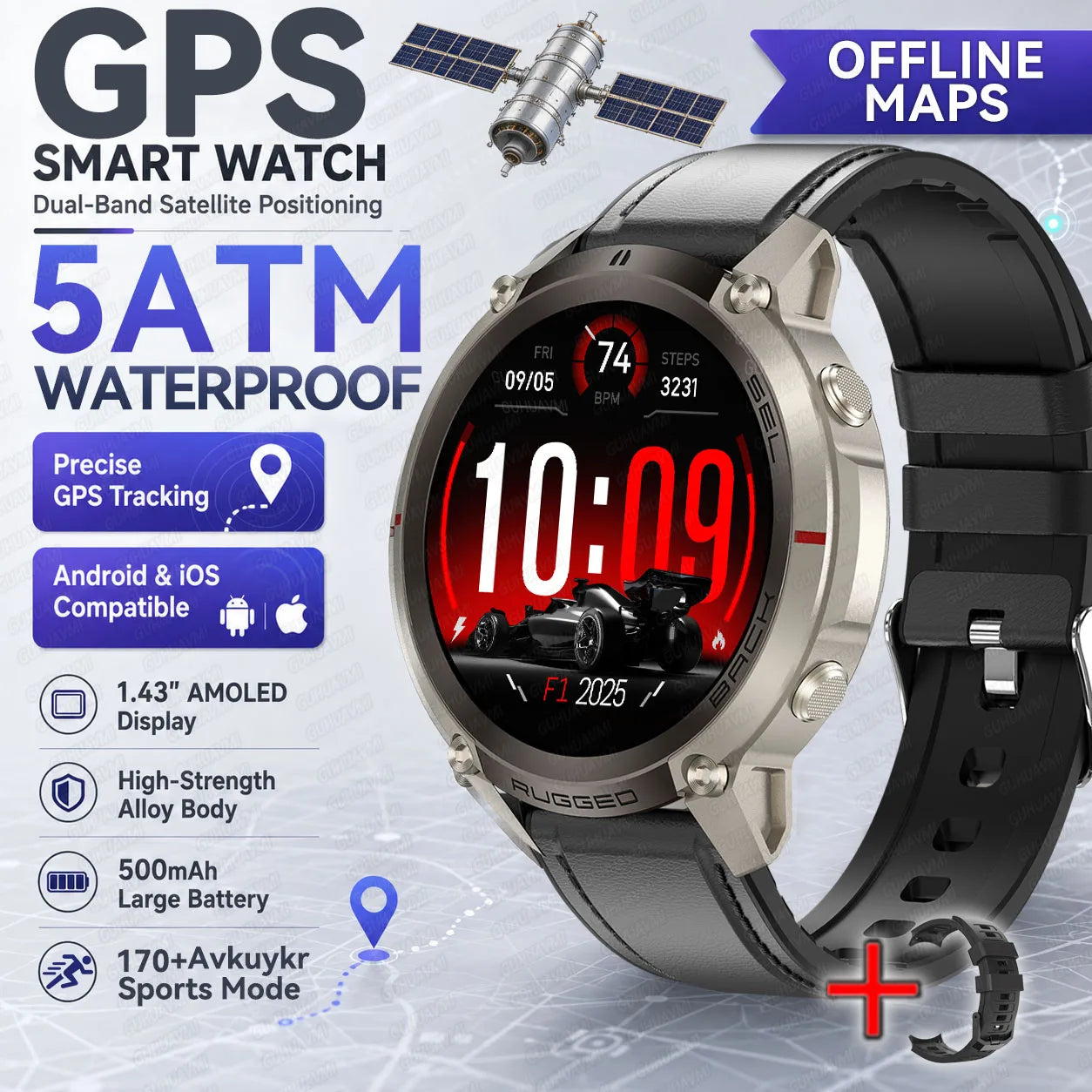 Round GPS smartwatch with black rubber strap and silver case; red-toned AMOLED dial.