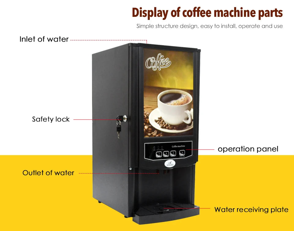 Black Keoled commercial coffee machine with a safety lock, operation panel, and water dispensing system.