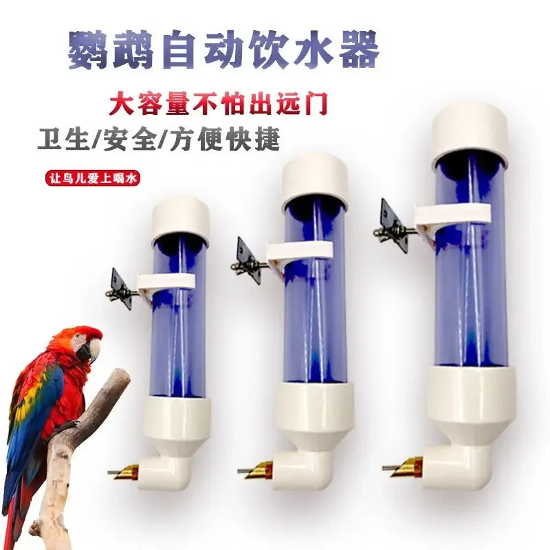 Large automatic water dispenser for parrots, blue plastic bird feeder with needle nozzle for easy hydration.