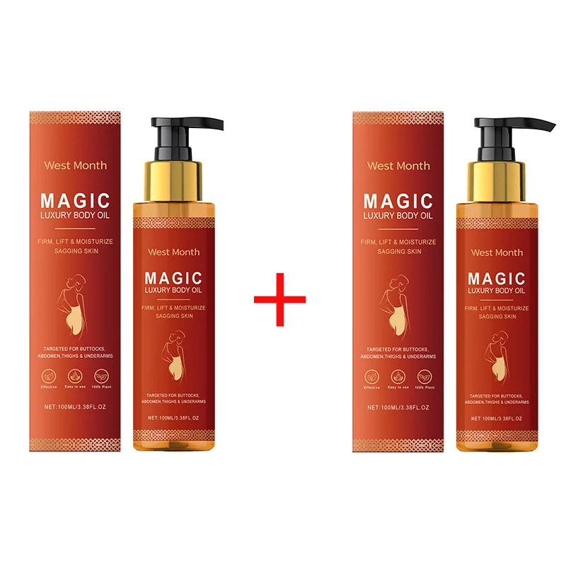 Two body oil box-and-bottle sets with gold pump shown together