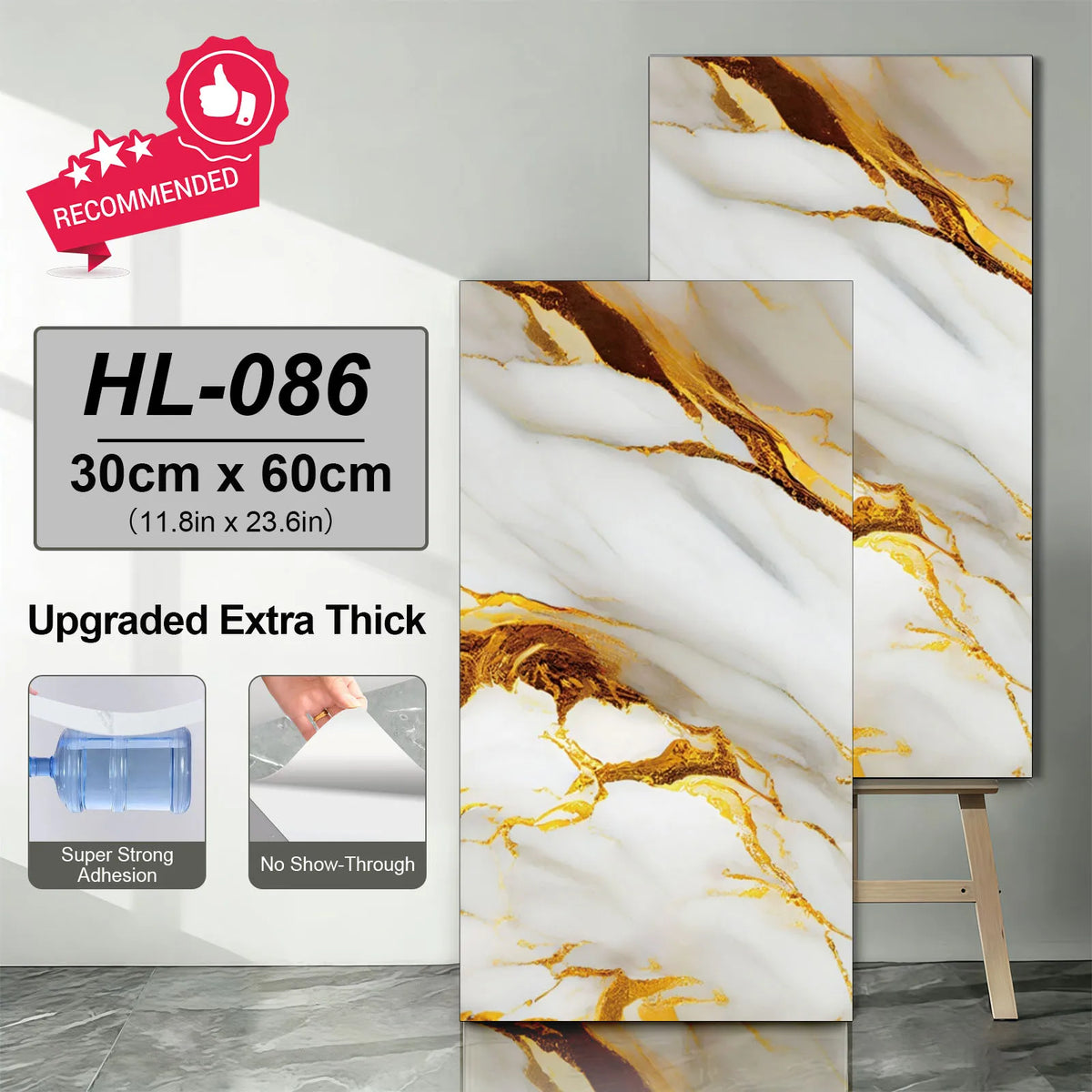Extra-thick white marble tile sticker with gold-brown veins, ready-to-apply sheets