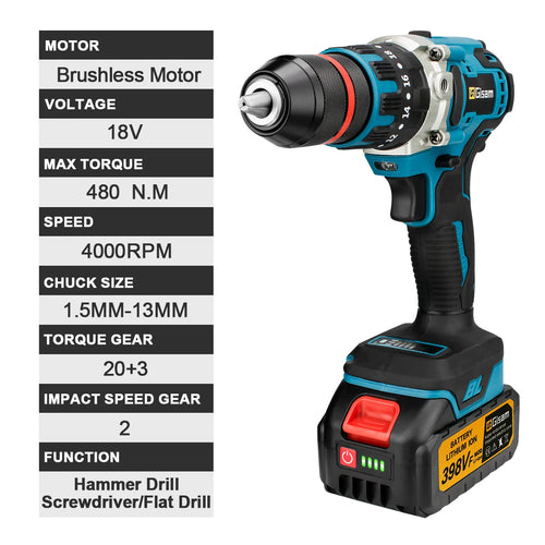 Cordless brushless impact drill, blue/black, keyless chuck and built-in work light