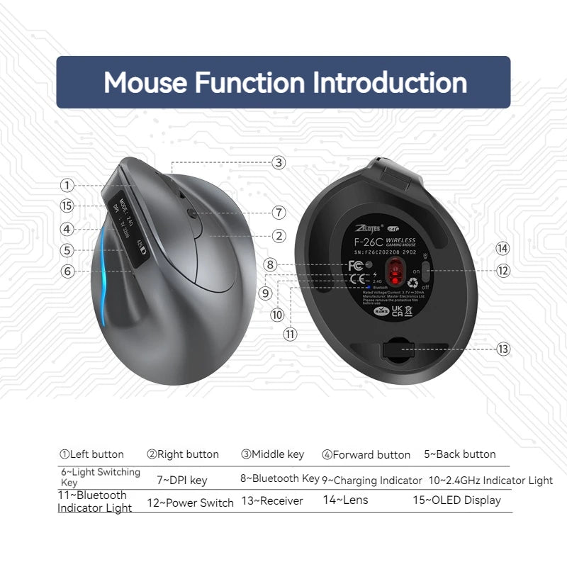 Zelotes F-26C Computer Laptop Office Mouse 2.4G Wireless Gaming Mouse Bluetooth Mouse DPI Adjustable LED Display Screen