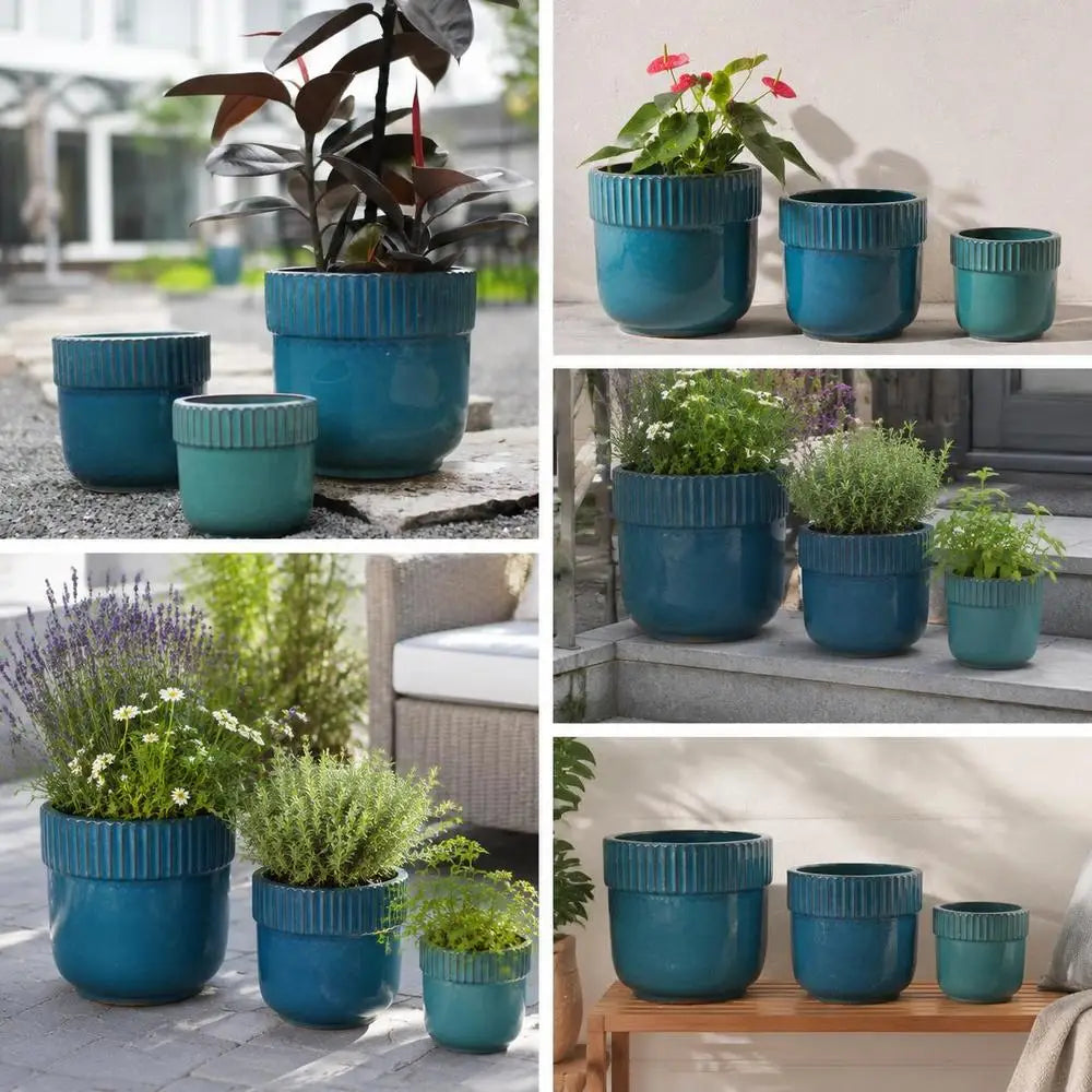 Handmade Ceramic Plant Pot Set Of 3, Glossy Turquoise Blue With Vertical Ribbed Rim, Breathable Design With Drainage Holes For Indoor Outdoor Garden Balcony
