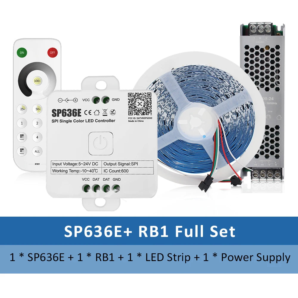 LED strip kit with blue LED roll, SPI controller, and RF remote