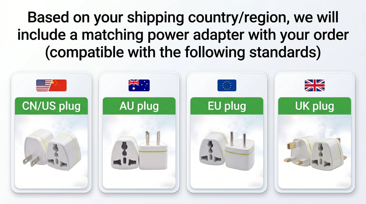 Electric pressure cooker power adapter set with labeled CN/US, AU, EU, and UK plug heads