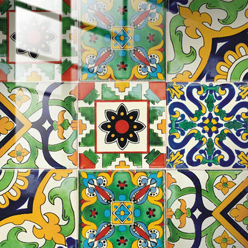 Waterproof mandala tile decal set with colorful patterned square tiles in green, blue, orange