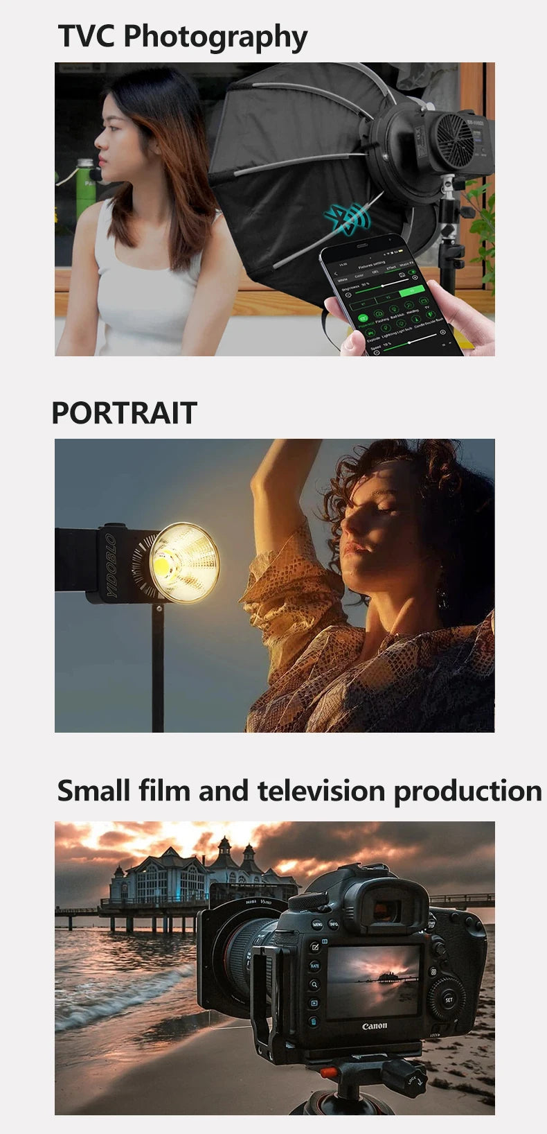 LED video light with softbox, smartphone app controls, and reflector attachment for studio, portrait, and film lighting.