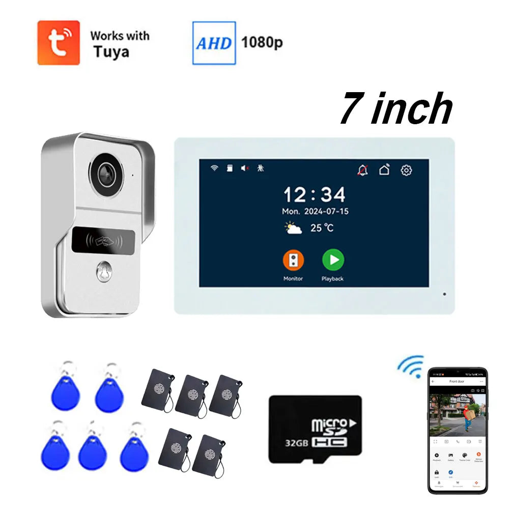 7-inch video intercom starter kit with white camera, AHD monitor, and key fobs