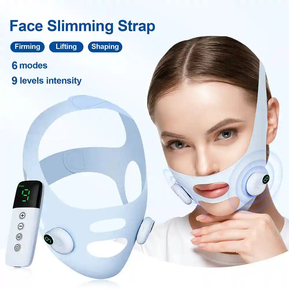 Light blue EMS facial lifting strap with remote control, shown on a person to slim and shape the jawline.