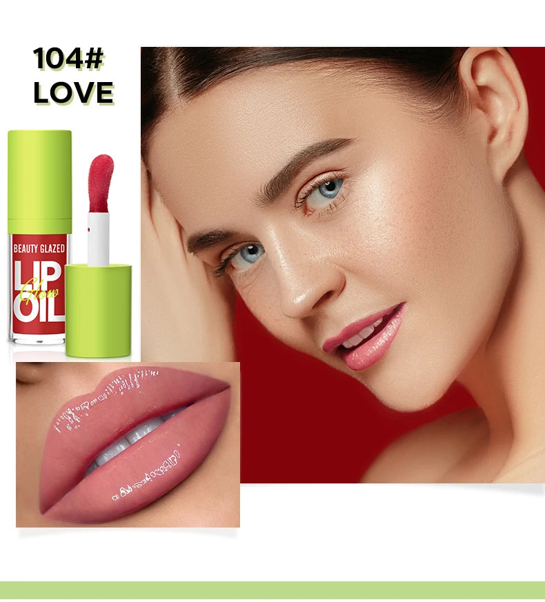 Beauty Glazed moisturizing lip oil in shade 104 Love, featuring a lustrous, mirror-finish nude pink lip stain look.