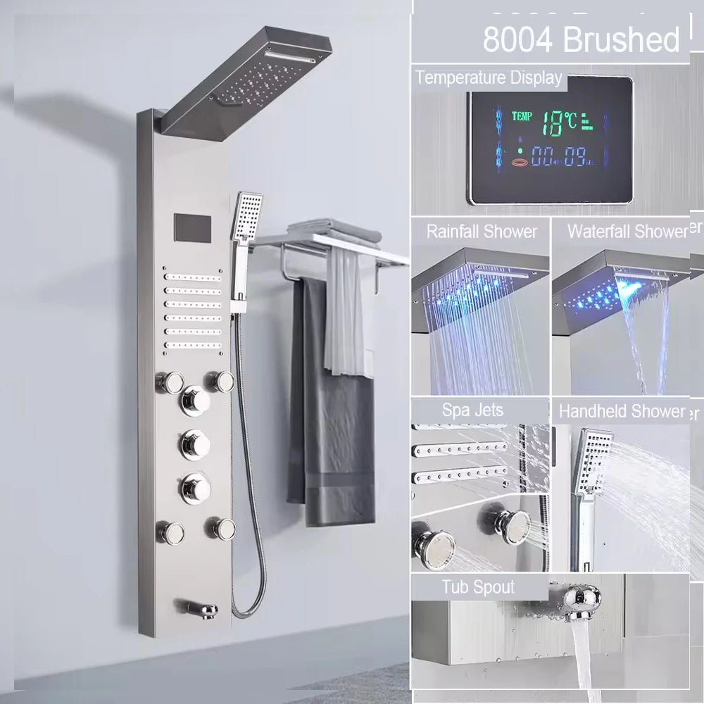 LED Shower Panel Waterfall Rain Digital Display Shower Faucet Set SPA Massage Jet Bathroom Column Mixer Tap Tower System