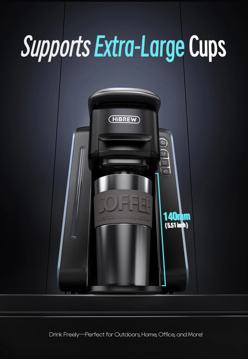 HiBrew black coffee maker with 140mm cup clearance, perfect for tall travel mugs and large cups.
