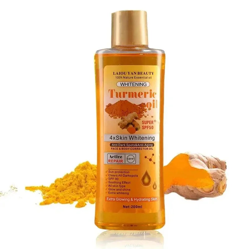Single turmeric oil bottle with gold cap, amber liquid, turmeric powder on white.