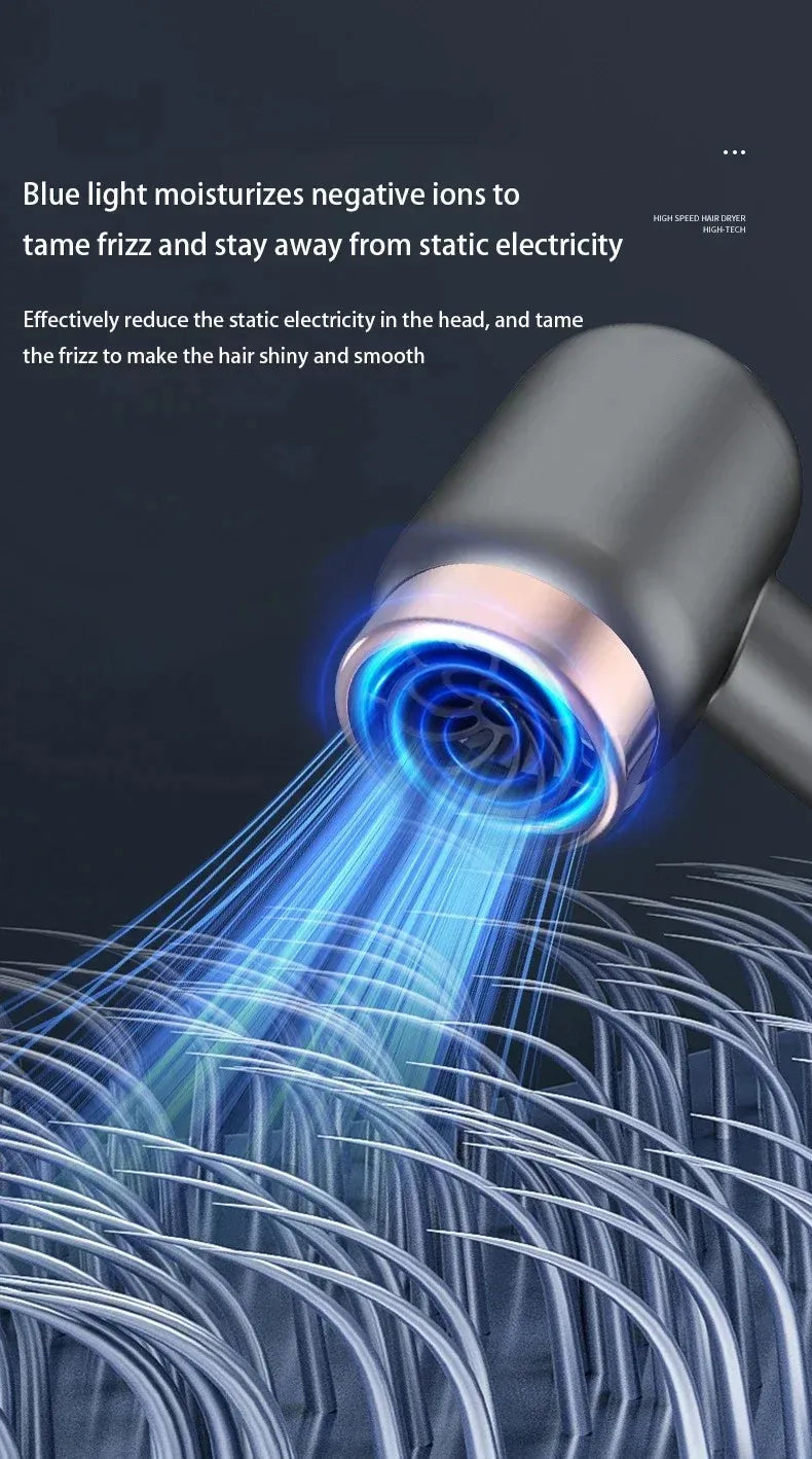 Portable grey ionic hair dryer with blue light, featuring a modern matte design for frizz-free, quick-dry styling.