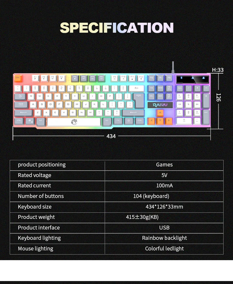 Single Keyboard and Keyboard Mouse RAIKU T26 Three Tone Luminous Keyboard Mouse Wired Mechanical Touch Gaming Mouse Keyboard Set