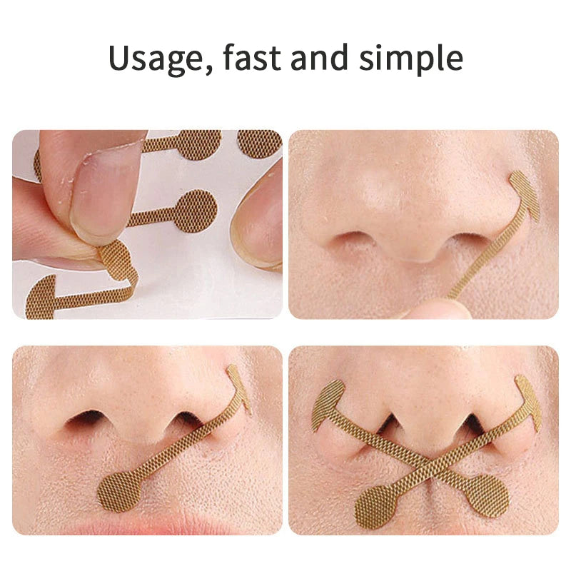 Invisible nose wing shrinking stickers, beige mesh lifting patches for narrow nose shape, simple face care application.