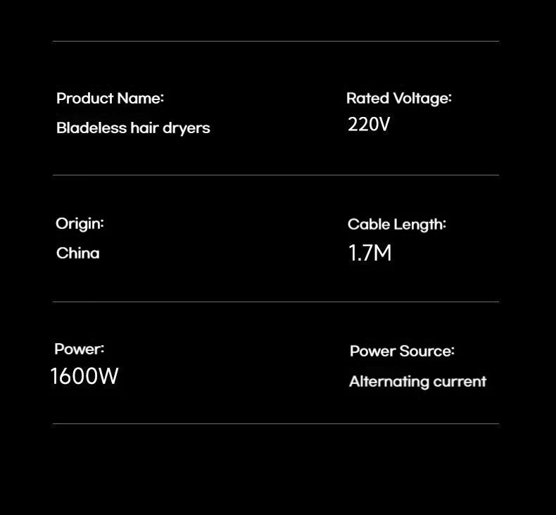 1600W high-speed brushless hair dryer with negative ion technology, fast drying, low noise, and temp control settings.