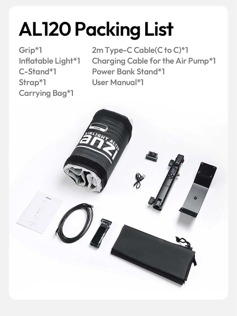 AL120 inflatable light kit with black carrying bag, grip, C-stand, strap, power bank stand, and charging cables.