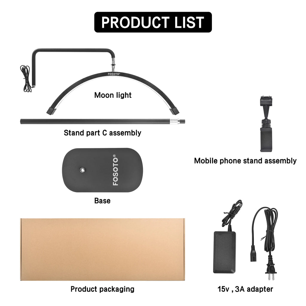 Components of a black arched LED moon light, including a base, stand, phone holder, power adapter, and cardboard box.