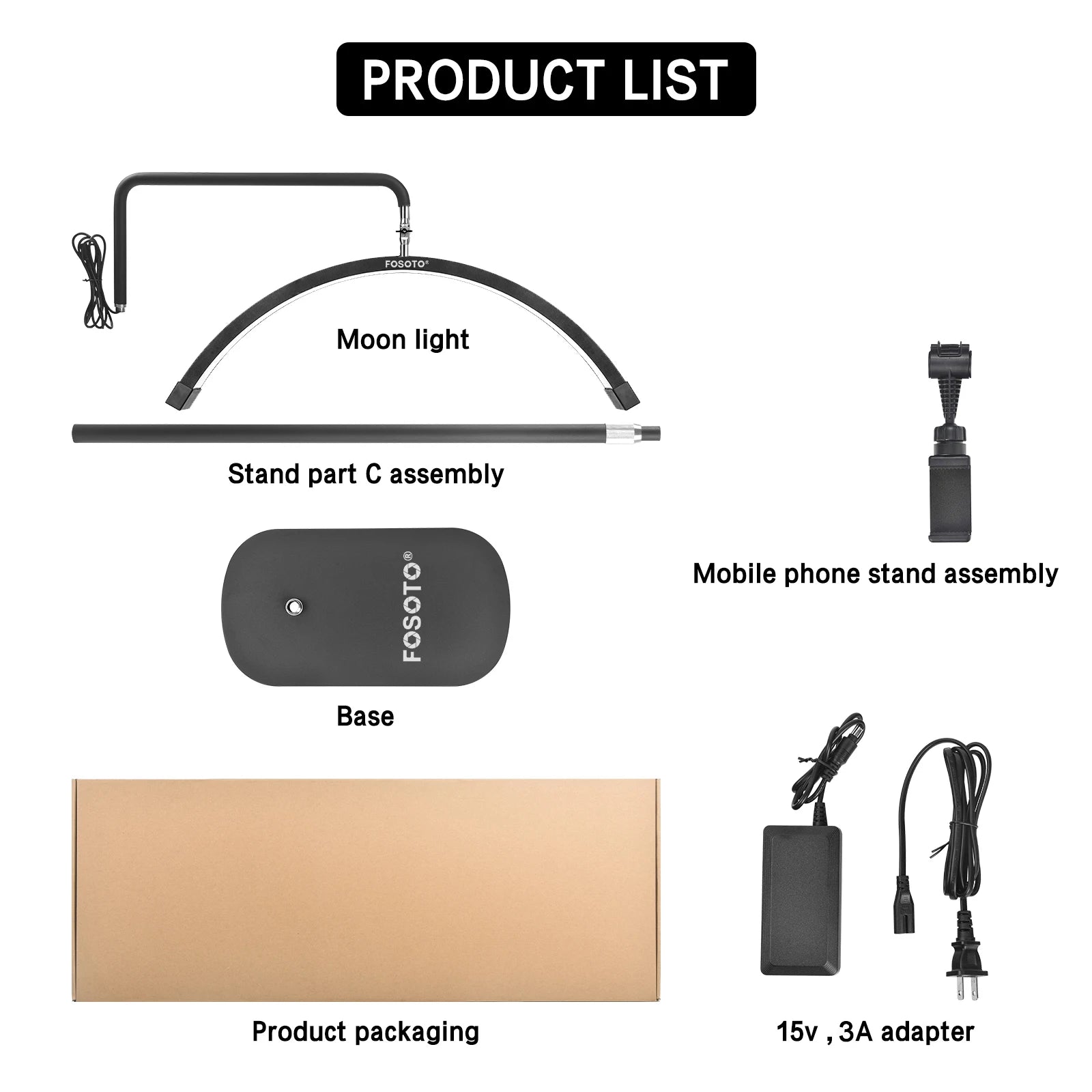 Components of a black arched LED moon light, including a base, stand, phone holder, power adapter, and cardboard box.