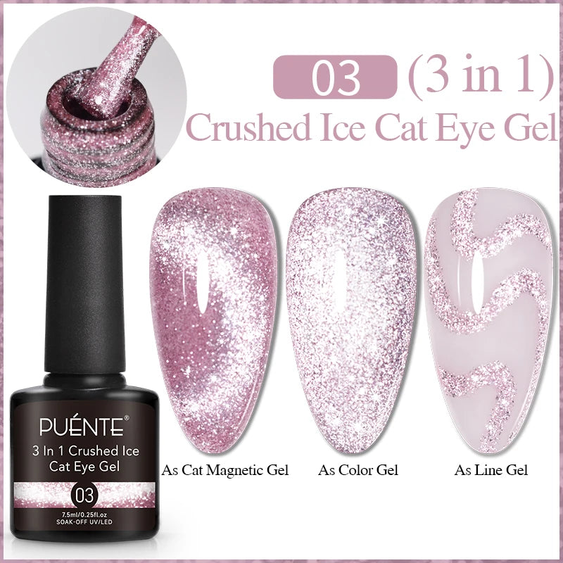 3-in-1 crushed ice cat eye gel polish in shade 03: a shimmering pink UV/LED nail gel for magnetic, solid, or line art.